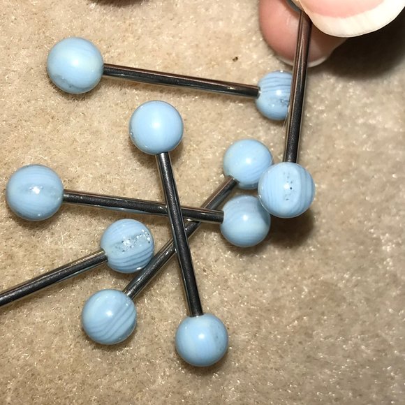 14 Gauge Light Blue, clear and glitter stripes through the design Tongue Ring - Picture 4 of 5